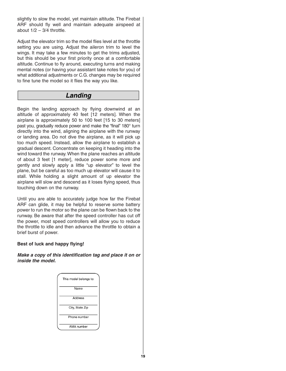 Landing | Great Planes Firebat ARF EP Jet - GPMA1400/1405 User Manual | Page 19 / 20