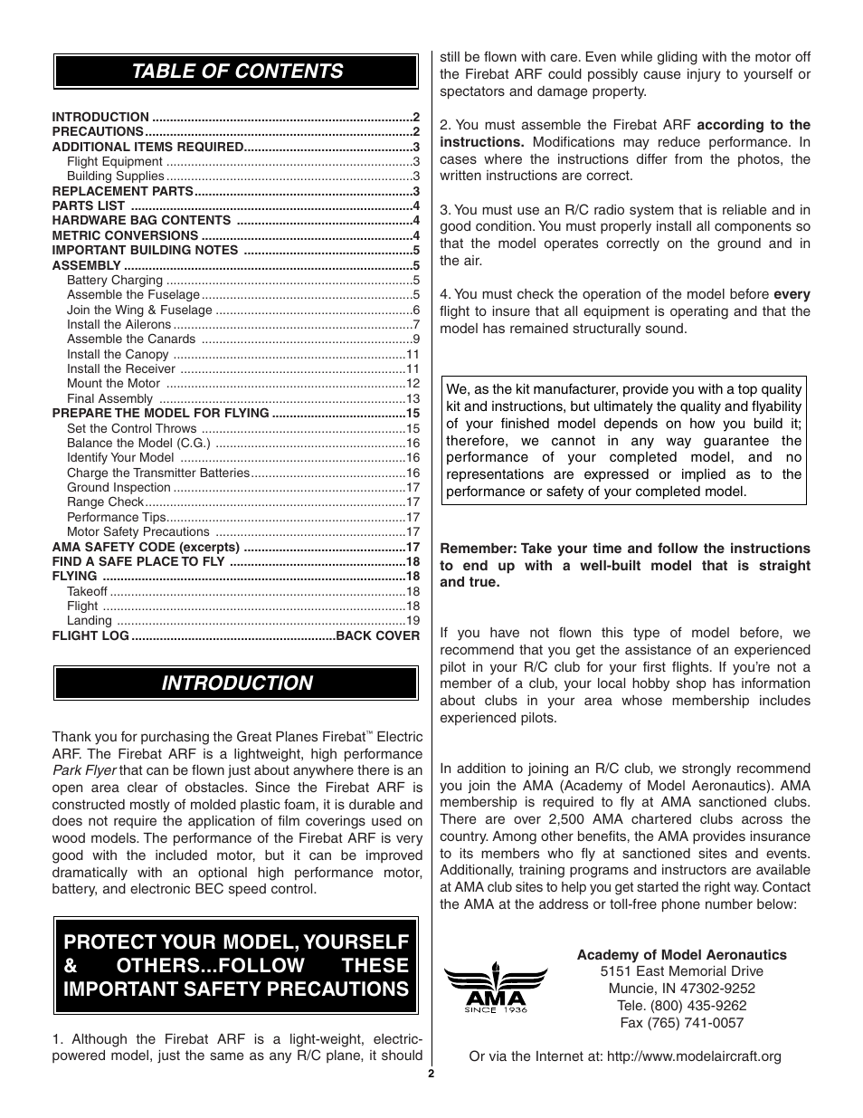 Introduction table of contents | Great Planes Firebat ARF EP Jet - GPMA1400/1405 User Manual | Page 2 / 20