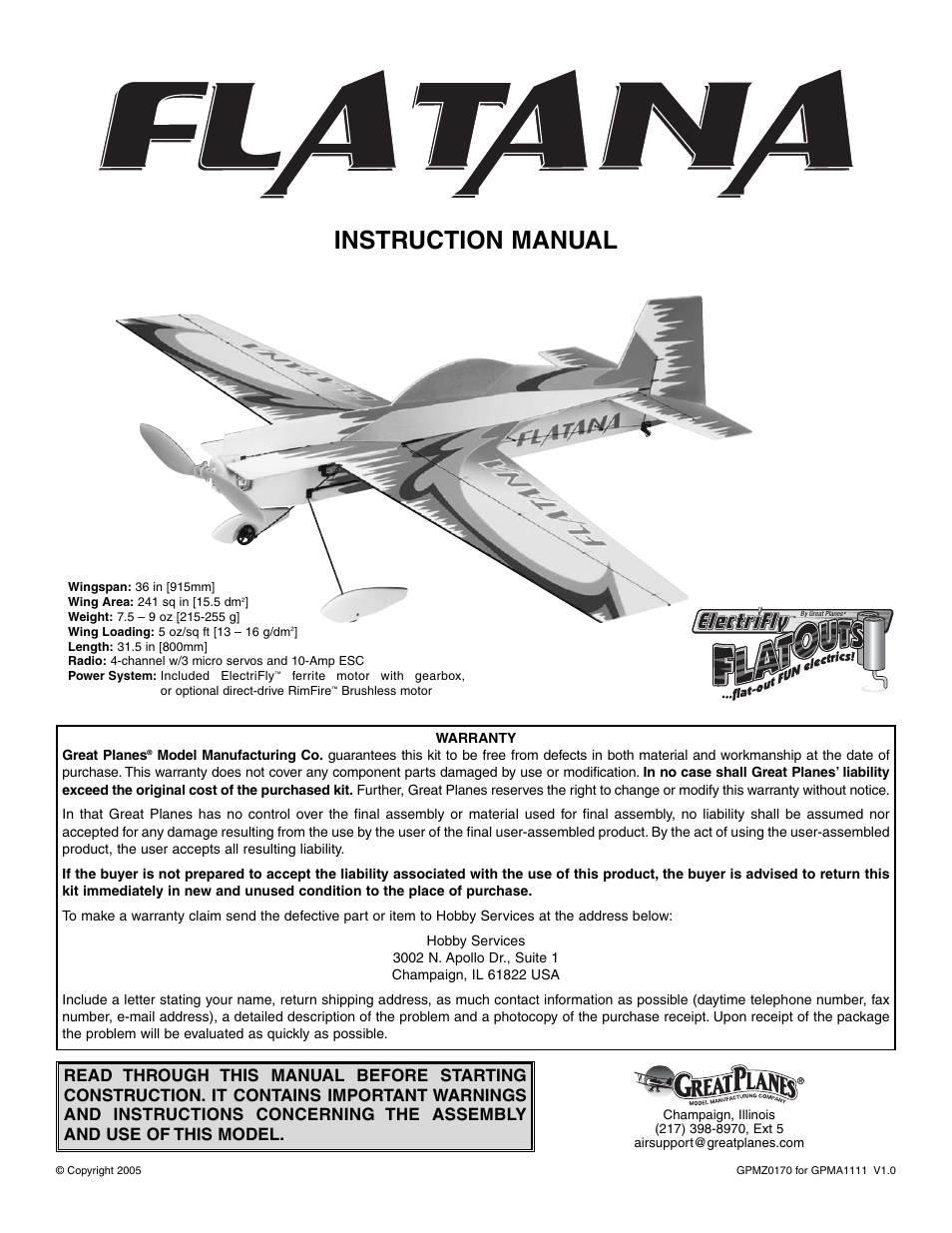 Great Planes Flatana FlatOuts EP ARF - GPMA1111 User Manual | 24 pages