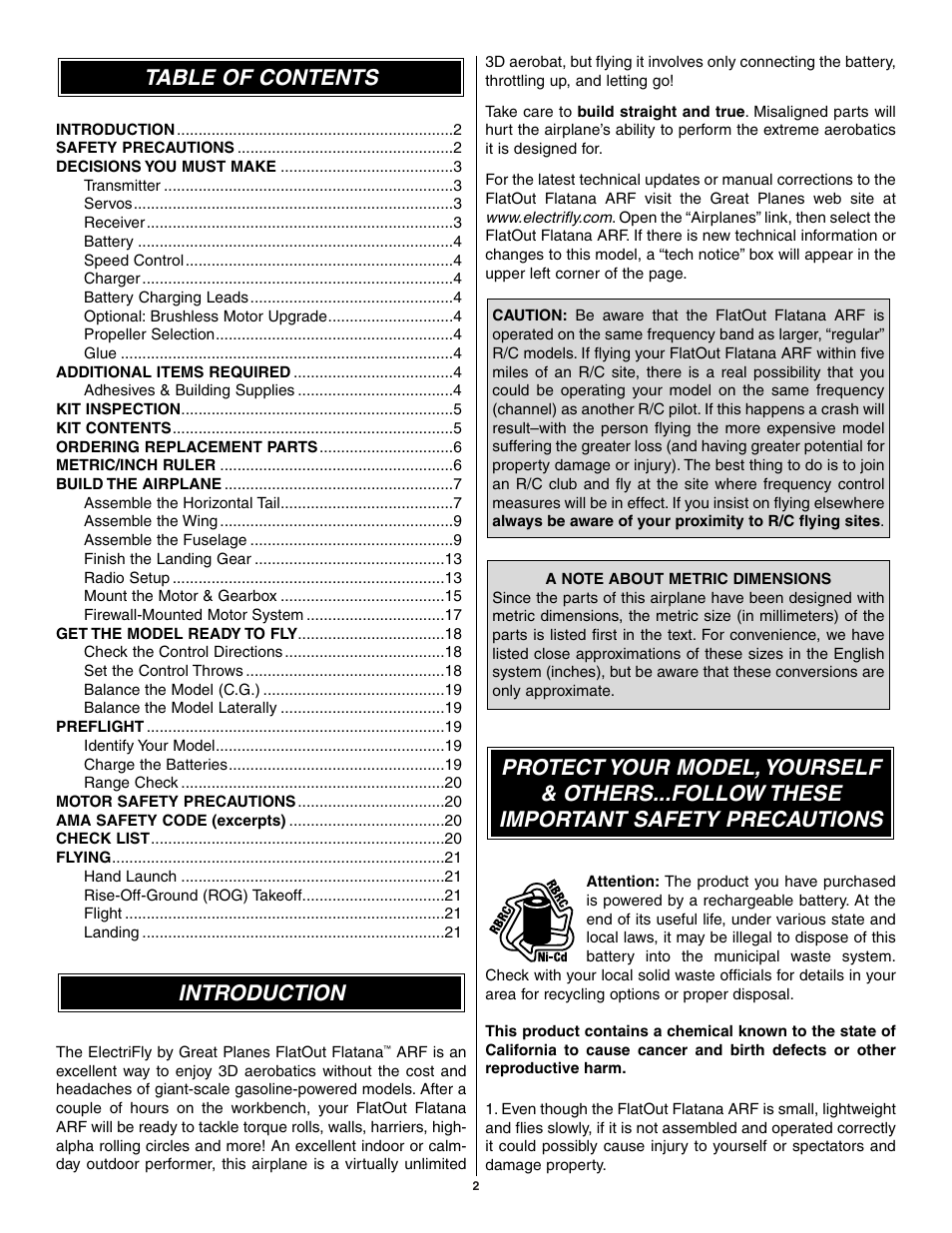 Introduction table of contents | Great Planes Flatana FlatOuts EP ARF - GPMA1111 User Manual | Page 2 / 24