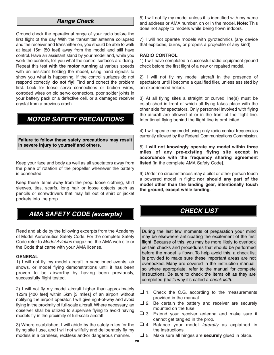 Check list ama safety code (excerpts), Motor safety precautions, Range check | Great Planes Flatana FlatOuts EP ARF - GPMA1111 User Manual | Page 20 / 24