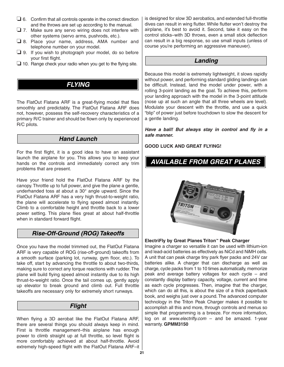 Available from great planes, Flying | Great Planes Flatana FlatOuts EP ARF - GPMA1111 User Manual | Page 21 / 24