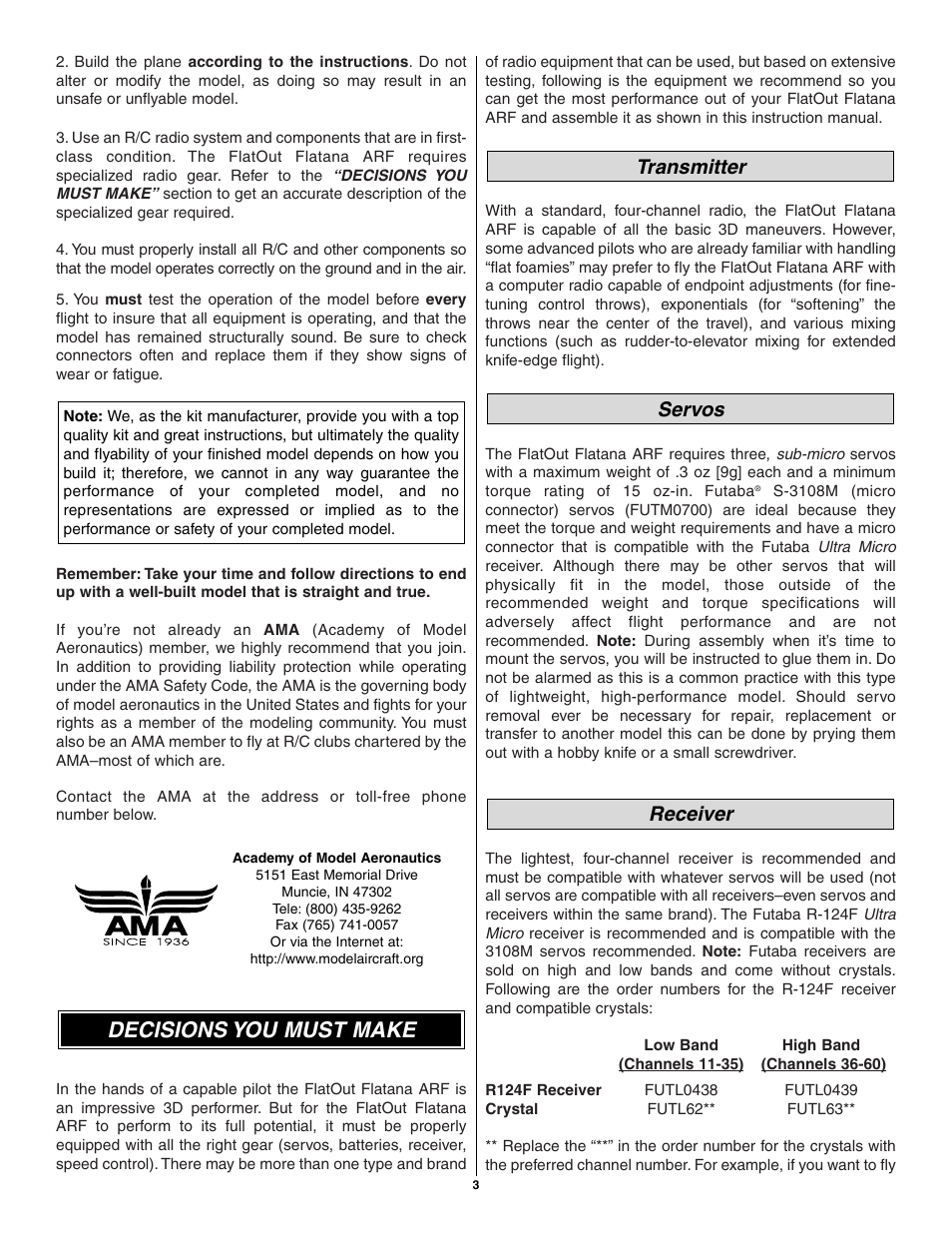 Decisions you must make, Receiver servos transmitter | Great Planes Flatana FlatOuts EP ARF - GPMA1111 User Manual | Page 3 / 24