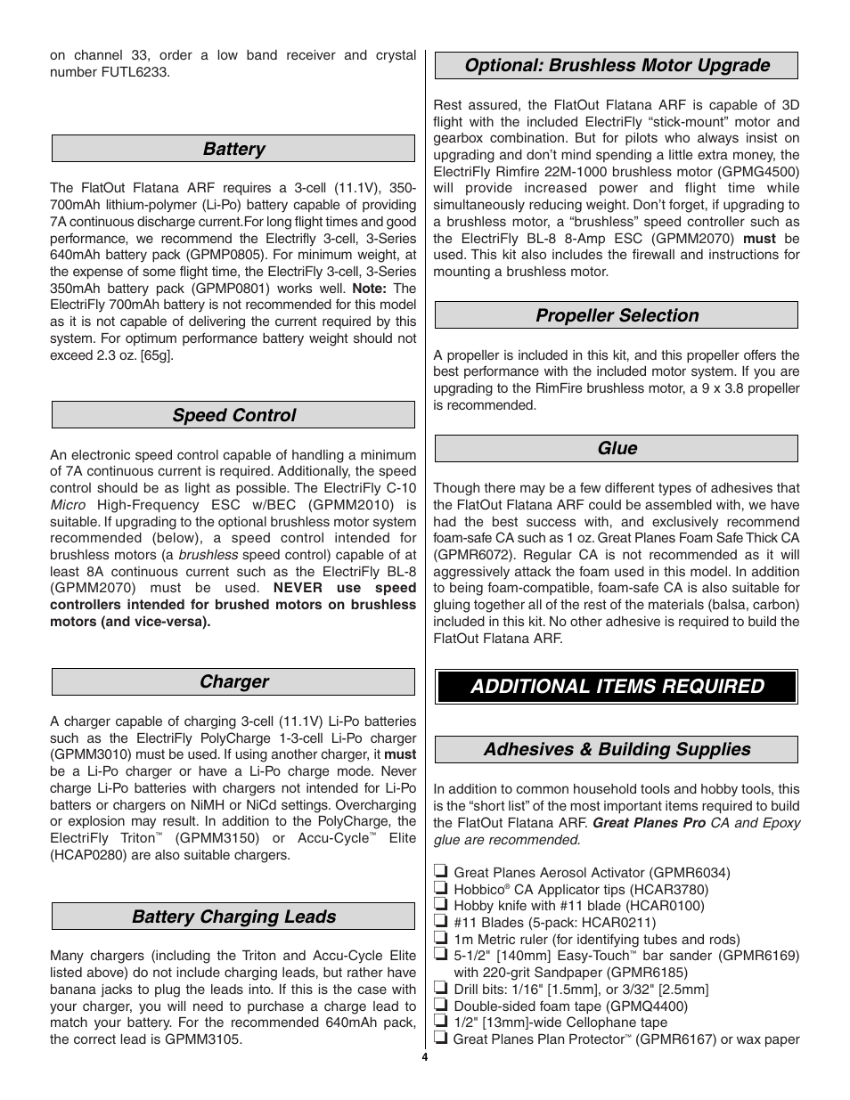 Additional items required, Adhesives & building supplies | Great Planes Flatana FlatOuts EP ARF - GPMA1111 User Manual | Page 4 / 24