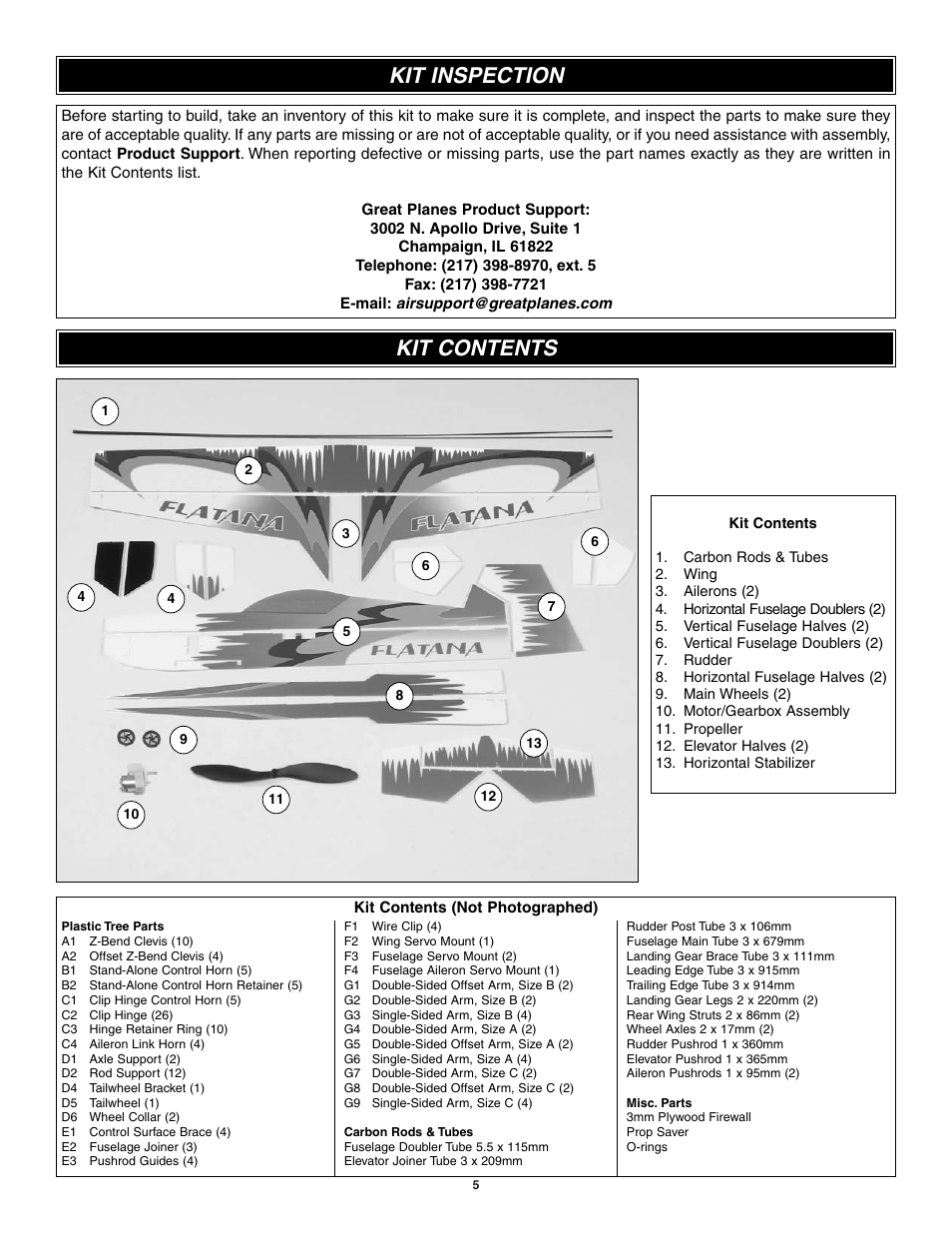 Kit inspection, Kit contents | Great Planes Flatana FlatOuts EP ARF - GPMA1111 User Manual | Page 5 / 24