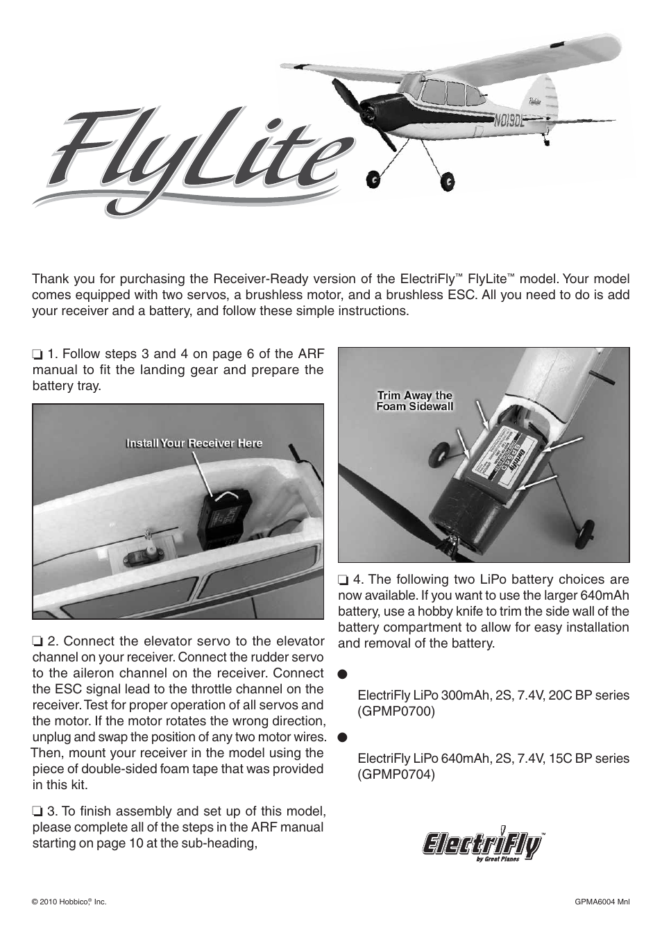 Great Planes FlyLite EP Slow Flyer Rx-R - GPMA6004 User Manual | 1 page