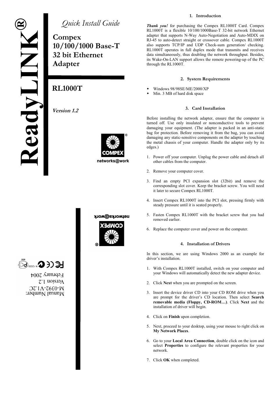 Compex Systems RL1000T User Manual | 2 pages