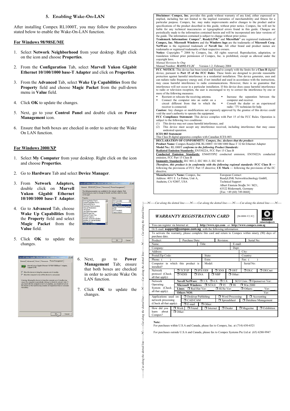 Enabling wake-on-lan, Warranty registration card | Compex Systems RL1000T User Manual | Page 2 / 2