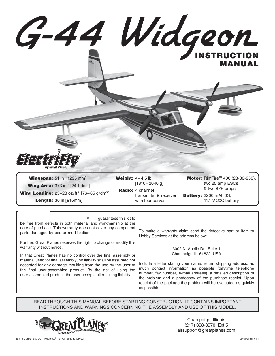 Great Planes G-44 Widgeon Seaplane EP ARF - GPMA1151 User Manual | 24 pages