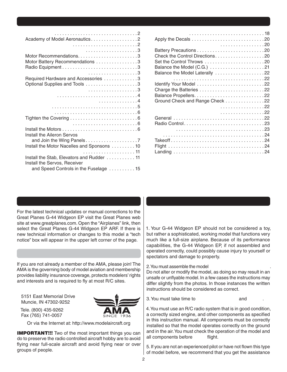 Great Planes G-44 Widgeon Seaplane EP ARF - GPMA1151 User Manual | Page 2 / 24