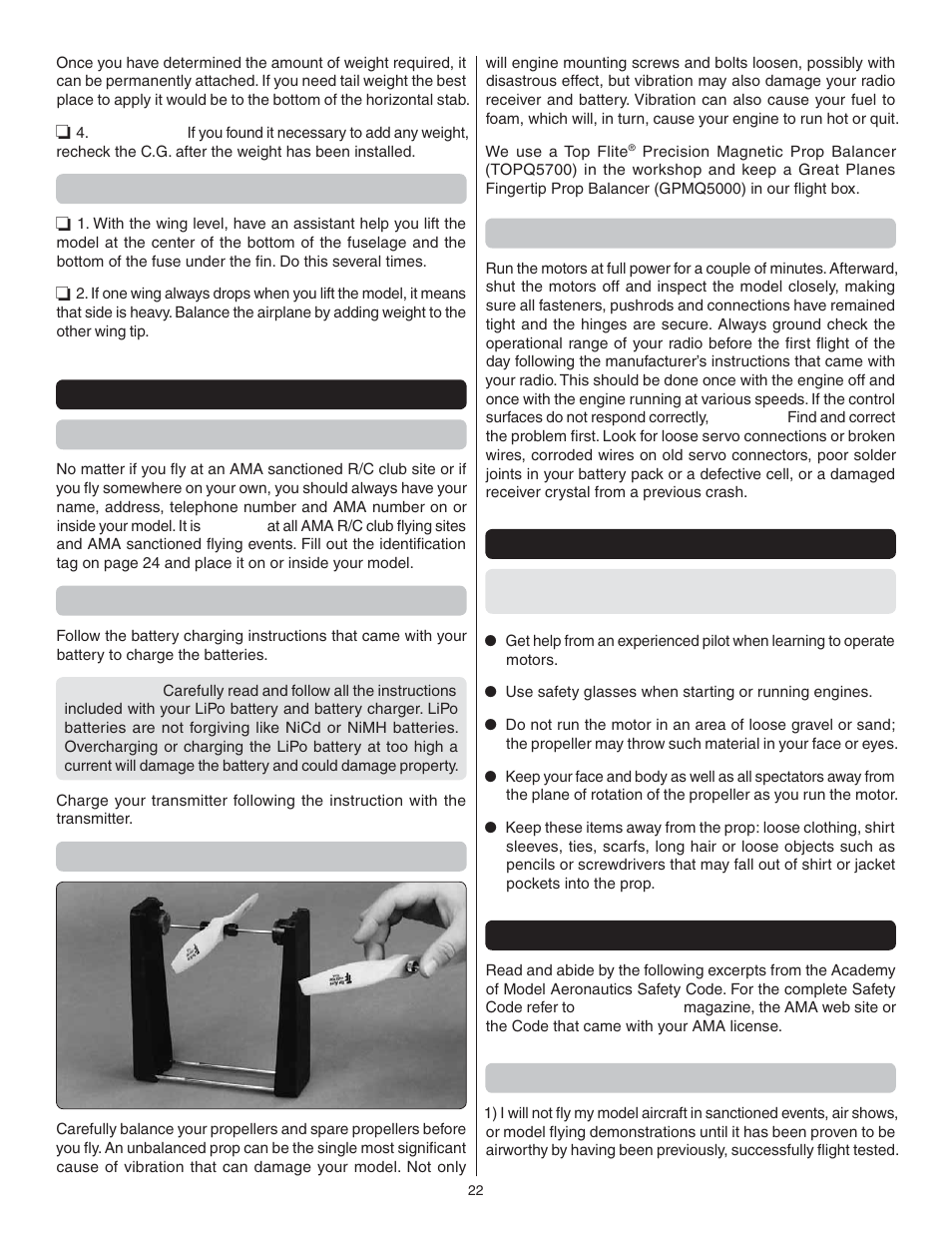 Balance the model laterally, Preflight identify your model, Charge the batteries | Balance propellers, Ground check and range check, Engine safety precautions, Ama safety code excerpts, General | Great Planes G-44 Widgeon Seaplane EP ARF - GPMA1151 User Manual | Page 22 / 24