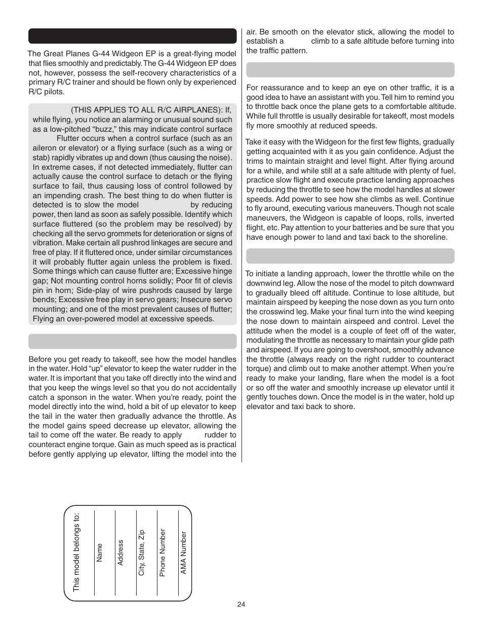 Flying, Takeoff, Flight | Landing, Good luck and great flying | Great Planes G-44 Widgeon Seaplane EP ARF - GPMA1151 User Manual | Page 24 / 24