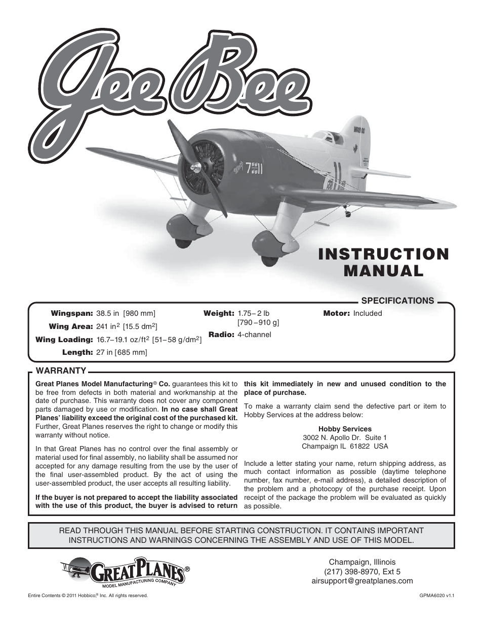 Great Planes Gee Bee R-1 EP Rx-R - GPMA6020 User Manual | 16 pages