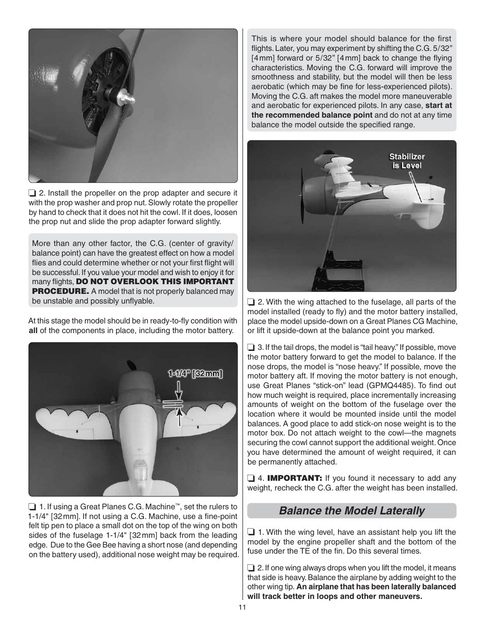 Balance the model laterally | Great Planes Gee Bee R-1 EP Rx-R - GPMA6020 User Manual | Page 11 / 16