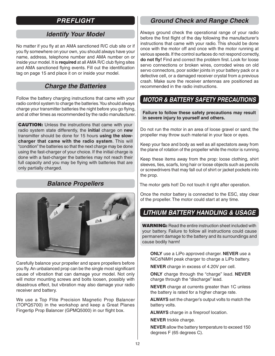Preflight identify your model, Charge the batteries, Balance propellers | Ground check and range check, Motor & battery safety precautions, Lithium battery handling & usage | Great Planes Gee Bee R-1 EP Rx-R - GPMA6020 User Manual | Page 12 / 16