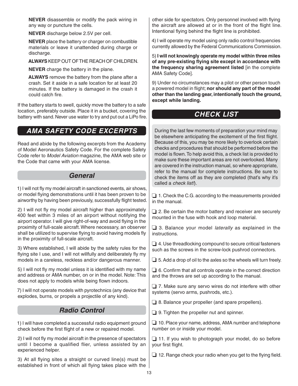 Ama safety code excerpts, General, Radio control | Check list | Great Planes Gee Bee R-1 EP Rx-R - GPMA6020 User Manual | Page 13 / 16