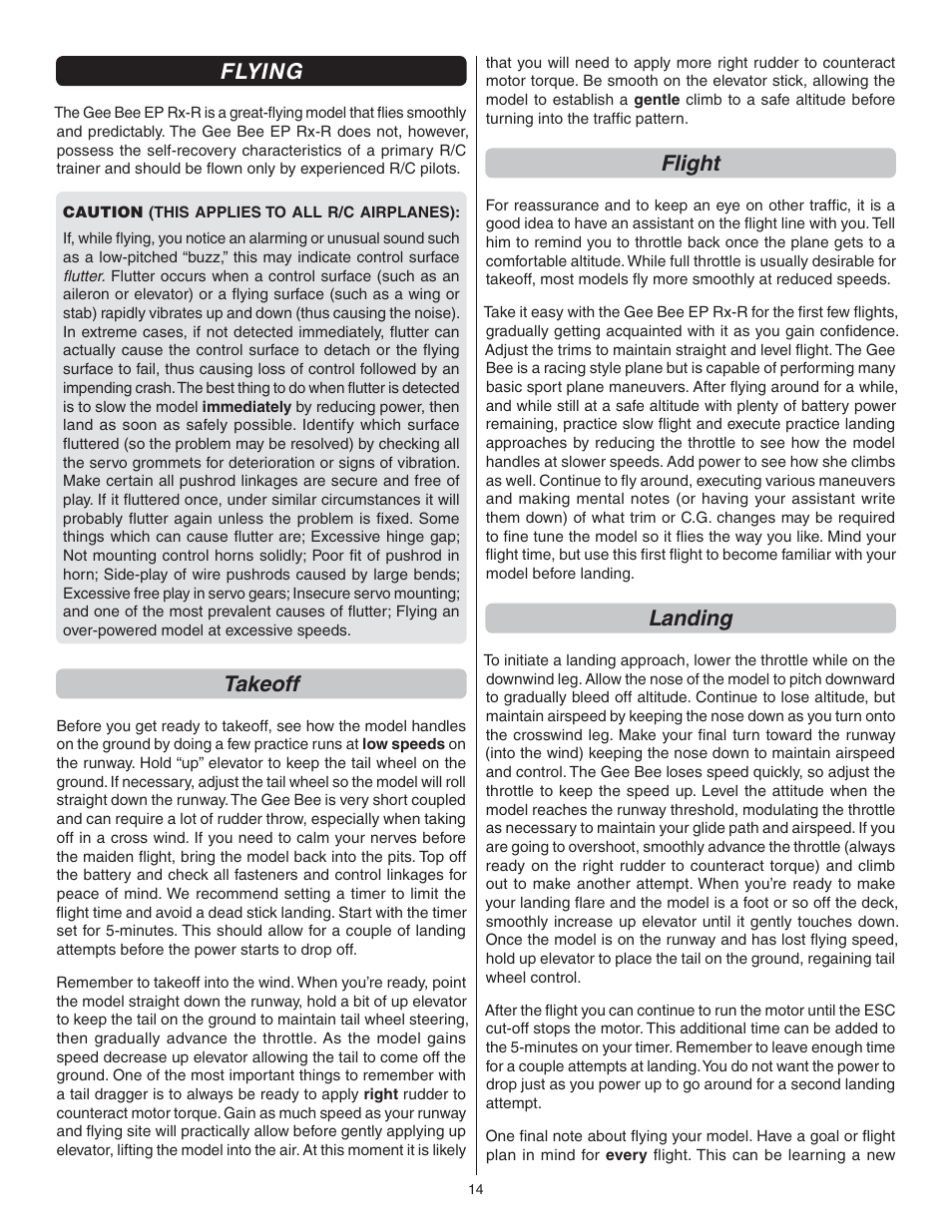 Flying, Takeoff, Flight | Landing | Great Planes Gee Bee R-1 EP Rx-R - GPMA6020 User Manual | Page 14 / 16