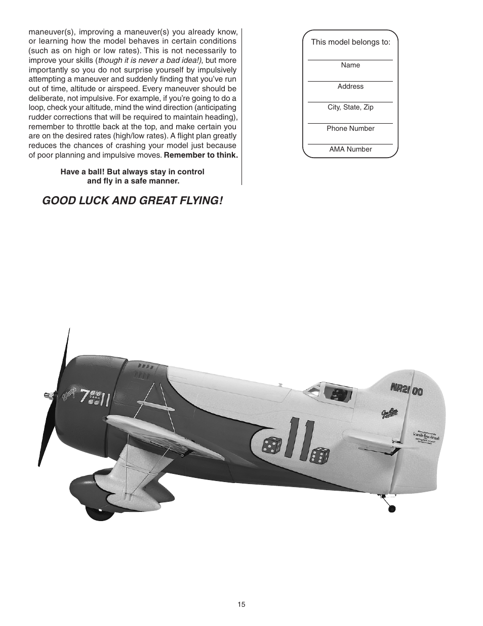 Good luck and great flying | Great Planes Gee Bee R-1 EP Rx-R - GPMA6020 User Manual | Page 15 / 16