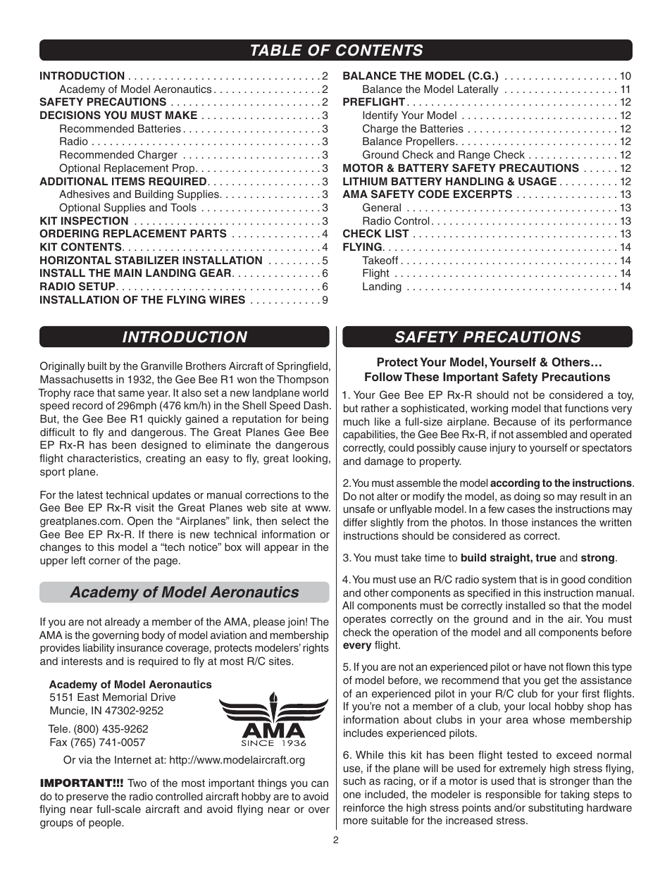 Great Planes Gee Bee R-1 EP Rx-R - GPMA6020 User Manual | Page 2 / 16