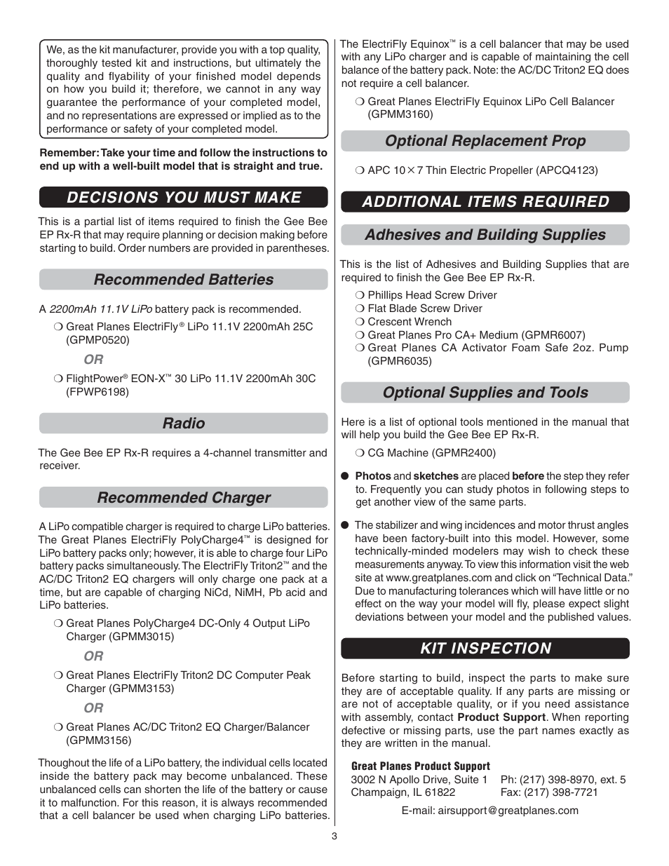 Decisions you must make, Recommended batteries, Radio | Recommended charger, Optional replacement prop, Optional supplies and tools, Kit inspection | Great Planes Gee Bee R-1 EP Rx-R - GPMA6020 User Manual | Page 3 / 16