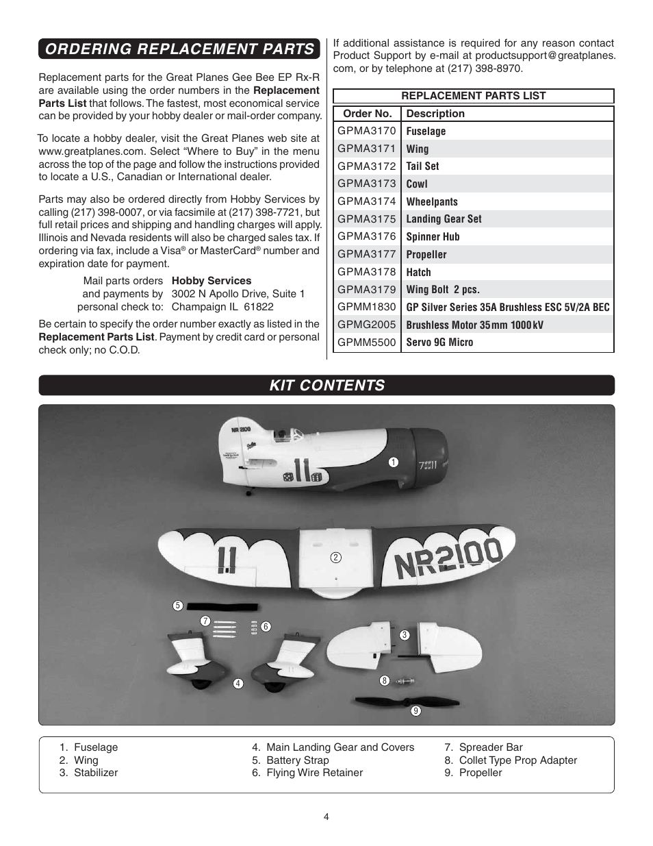 Ordering replacement parts, Kit contents | Great Planes Gee Bee R-1 EP Rx-R - GPMA6020 User Manual | Page 4 / 16