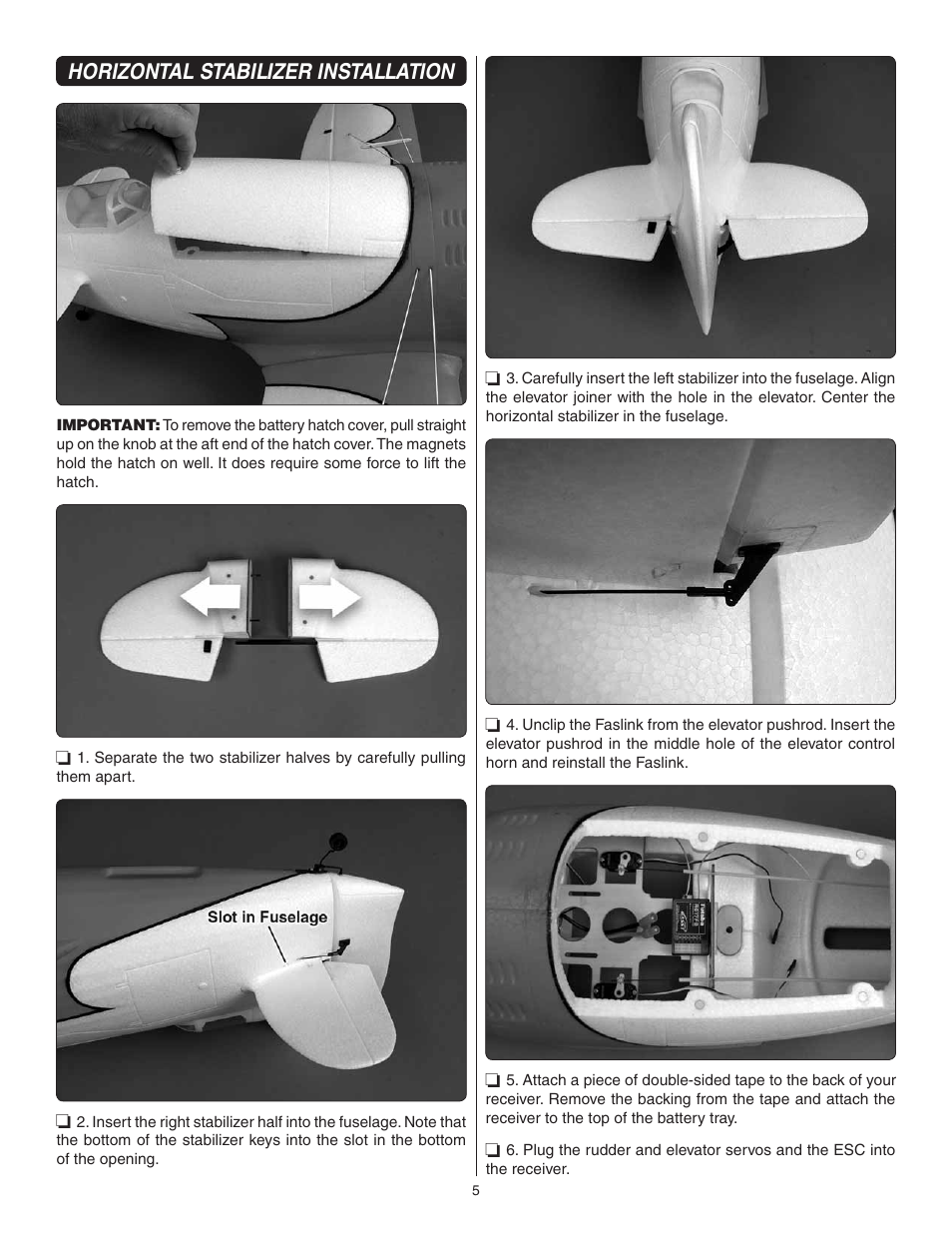 Horizontal stabilizer installation | Great Planes Gee Bee R-1 EP Rx-R - GPMA6020 User Manual | Page 5 / 16
