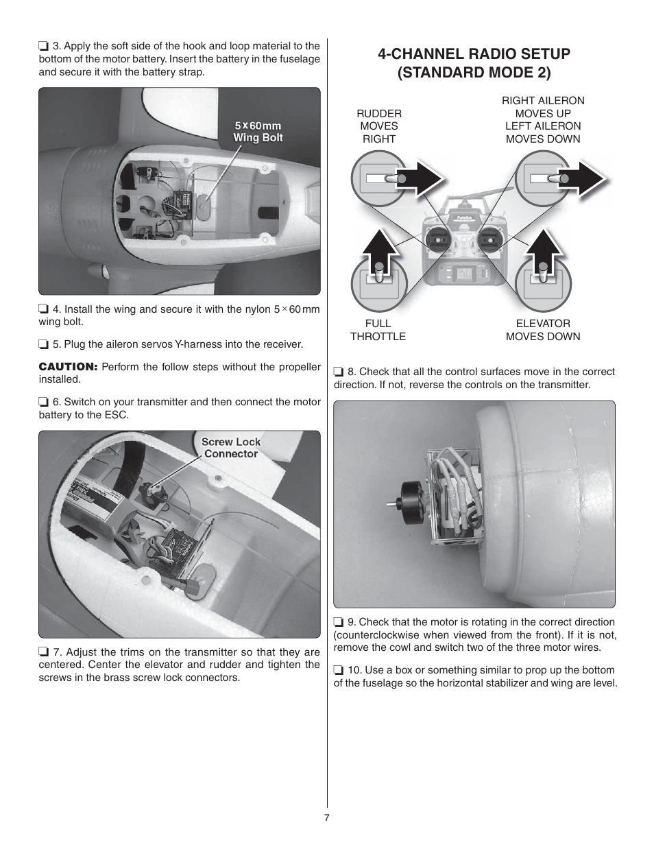 Channel radio setup (standard mode 2) | Great Planes Gee Bee R-1 EP Rx-R - GPMA6020 User Manual | Page 7 / 16