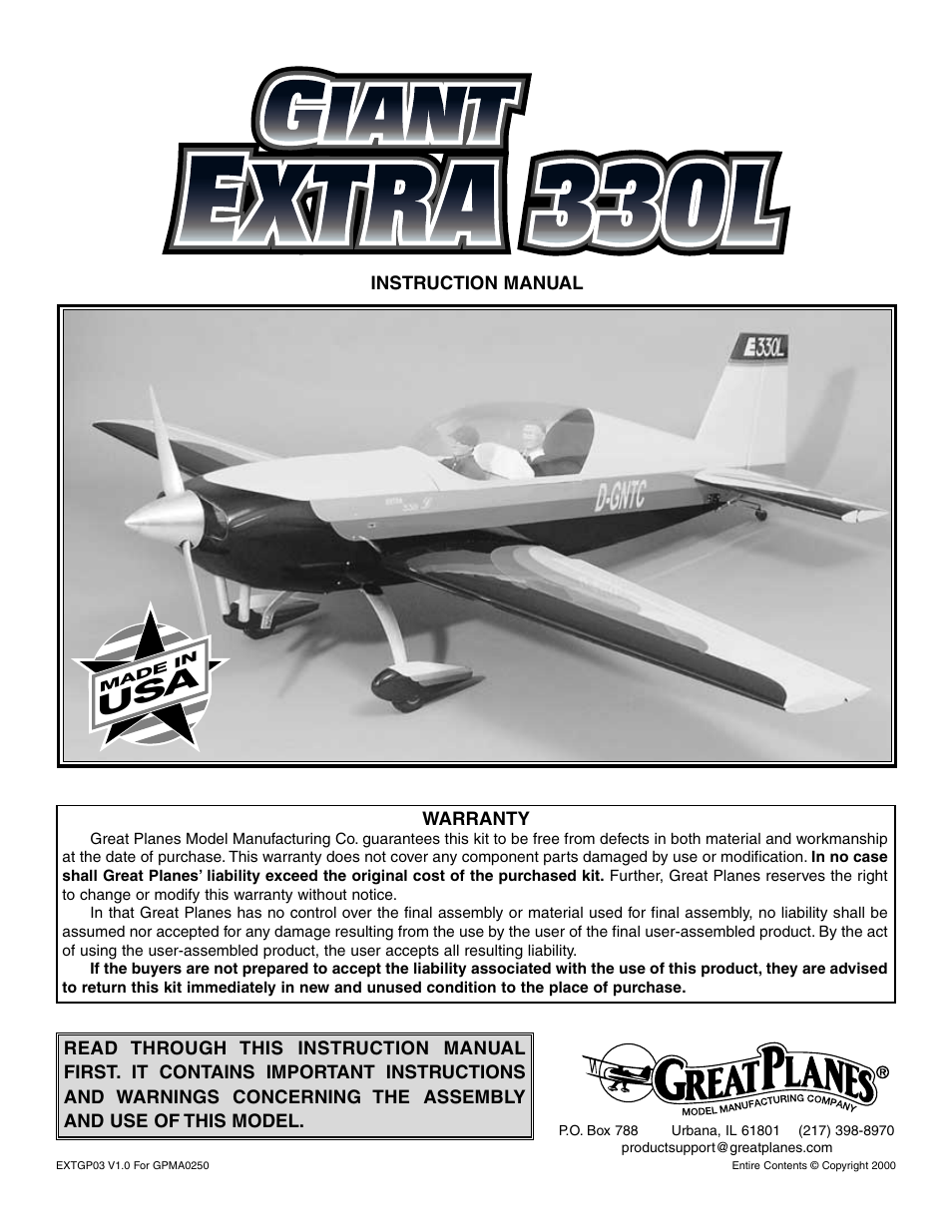 Great Planes Giant Extra 330L Kit - GPMA0250 User Manual | 54 pages