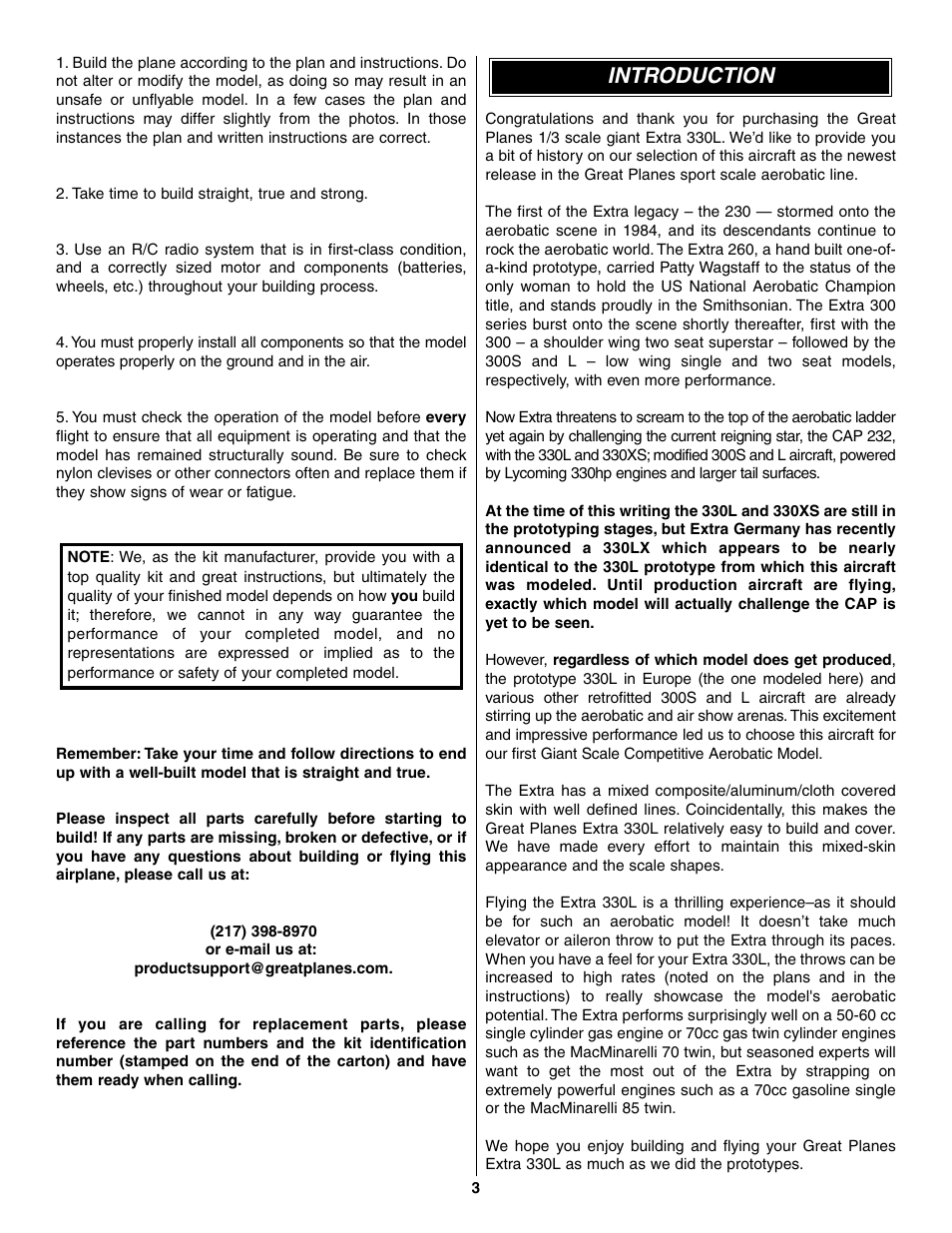 Introduction | Great Planes Giant Extra 330L Kit - GPMA0250 User Manual | Page 3 / 54