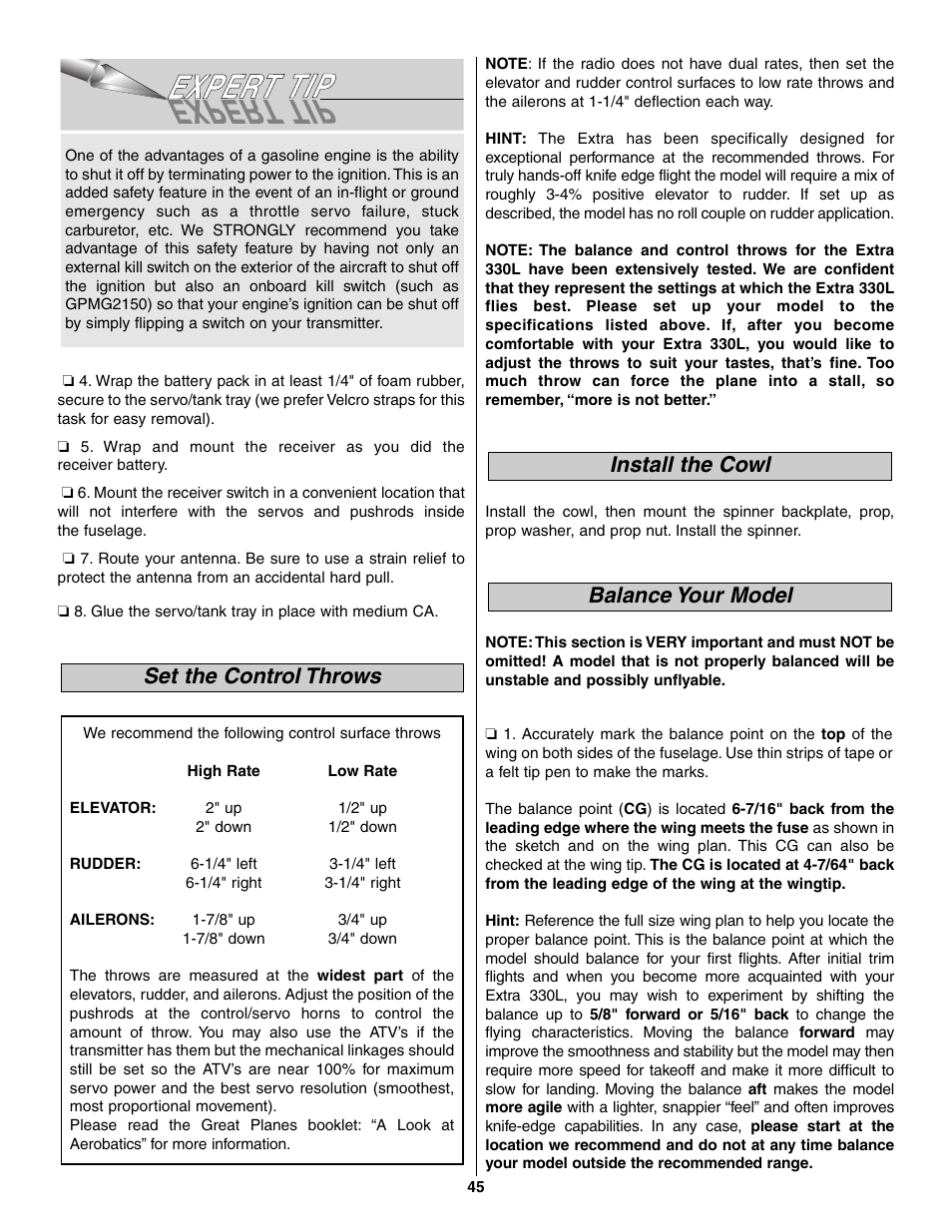 Balance your model install the cowl, Set the control throws | Great Planes Giant Extra 330L Kit - GPMA0250 User Manual | Page 45 / 54