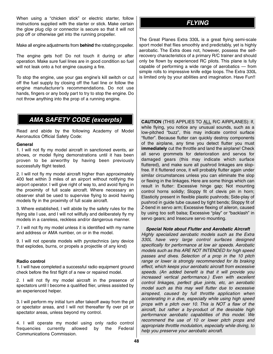 Flying ama safety code (excerpts) | Great Planes Giant Extra 330L Kit - GPMA0250 User Manual | Page 48 / 54