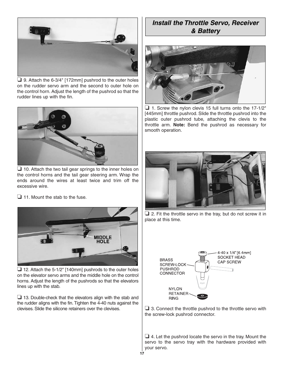 Install the throttle servo, receiver & battery | Great Planes Giant U-Can-Do 3D - GPMA1271 User Manual | Page 17 / 24