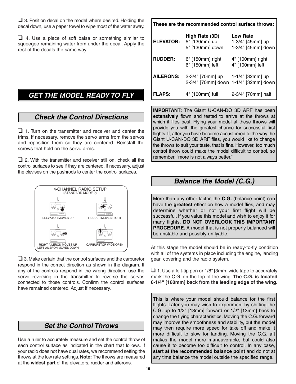 Balance the model (c.g.), Set the control throws | Great Planes Giant U-Can-Do 3D - GPMA1271 User Manual | Page 19 / 24