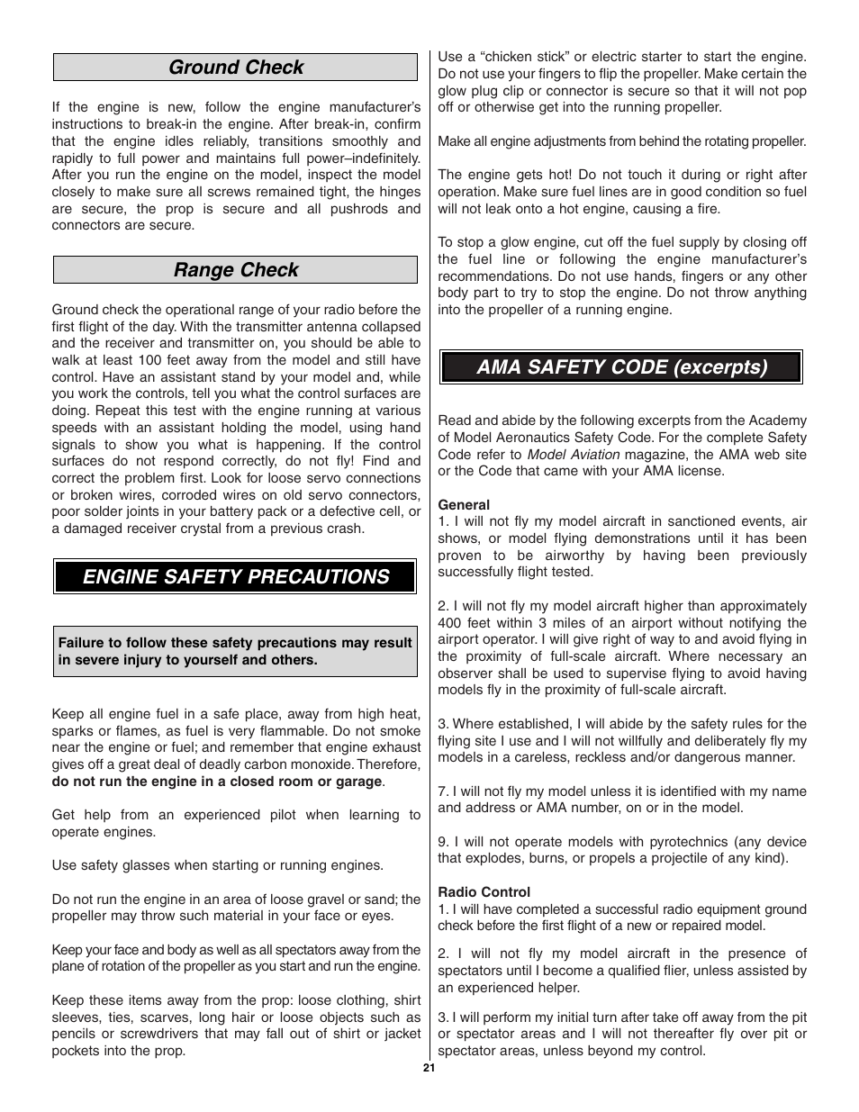 Ama safety code (excerpts), Engine safety precautions range check ground check | Great Planes Giant U-Can-Do 3D - GPMA1271 User Manual | Page 21 / 24