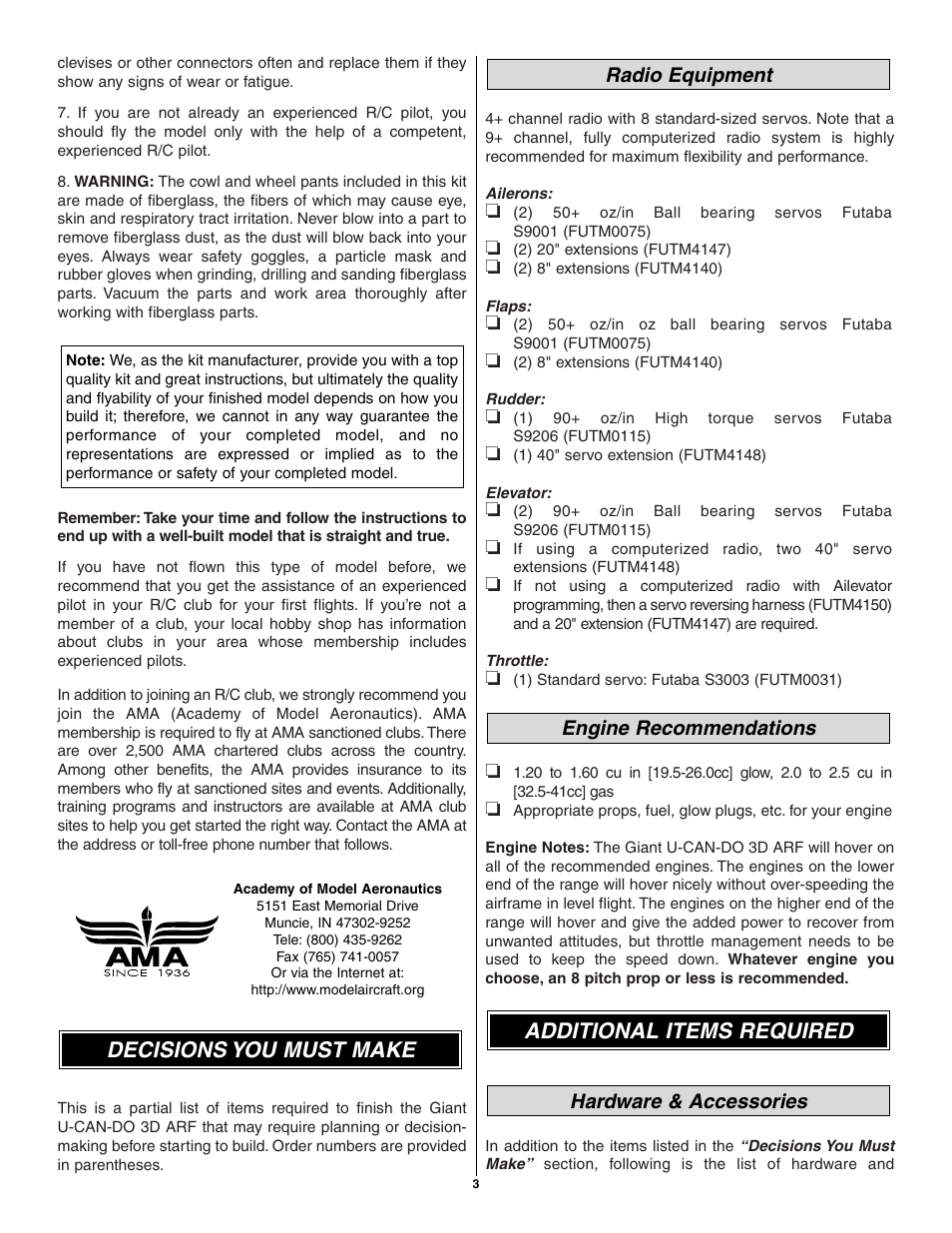 Additional items required, Decisions you must make, Hardware & accessories | Engine recommendations radio equipment | Great Planes Giant U-Can-Do 3D - GPMA1271 User Manual | Page 3 / 24