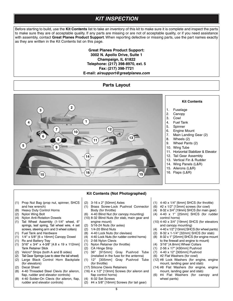 Kit inspection, Parts layout | Great Planes Giant U-Can-Do 3D - GPMA1271 User Manual | Page 5 / 24