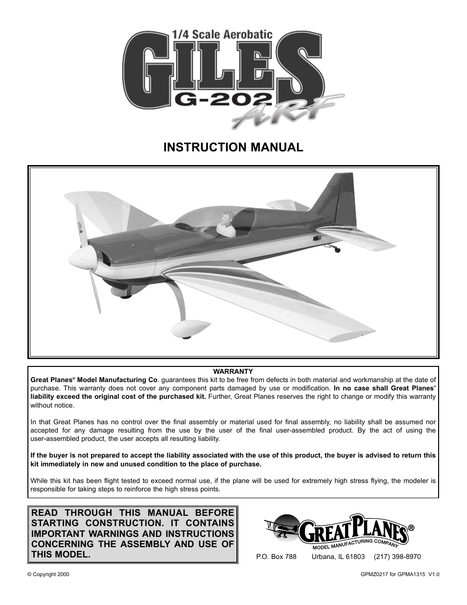 Great Planes Giles G-202 ARF - GPMA1315 User Manual | 28 pages