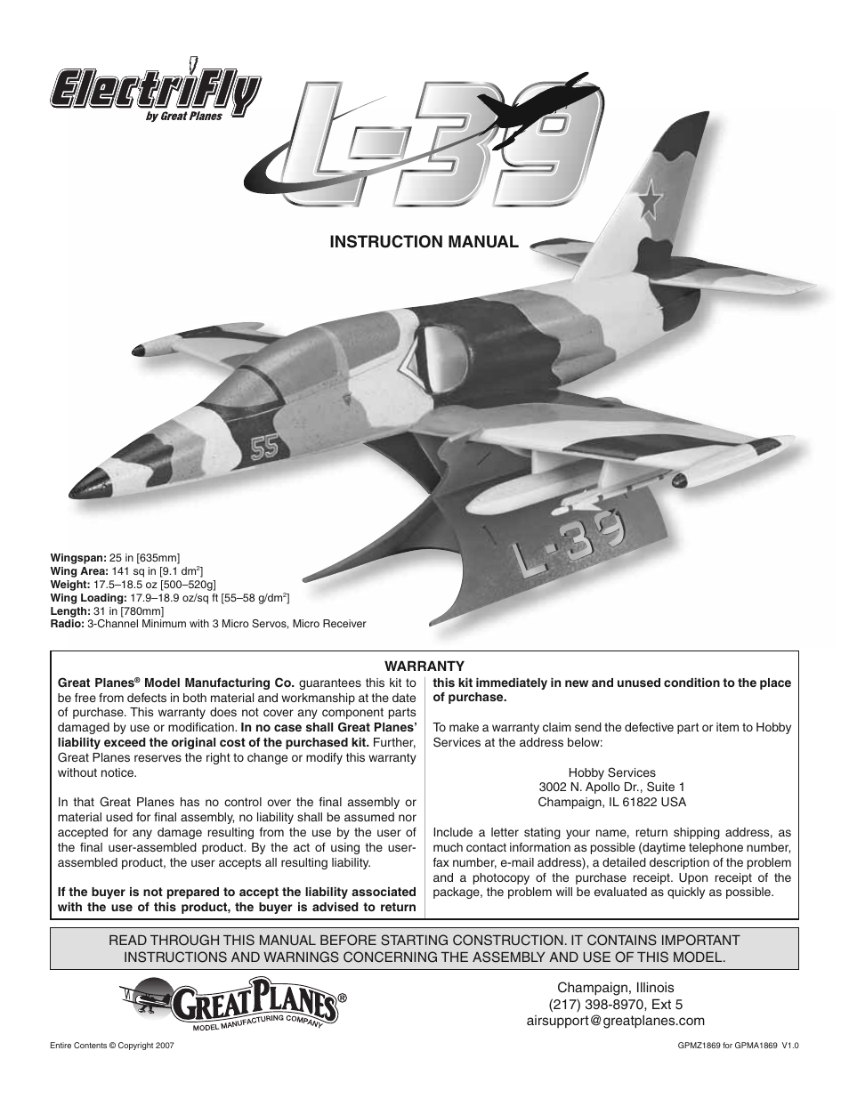 Great Planes L-39 EP Ducted Fan ARF - GPMA1869 User Manual | 16 pages