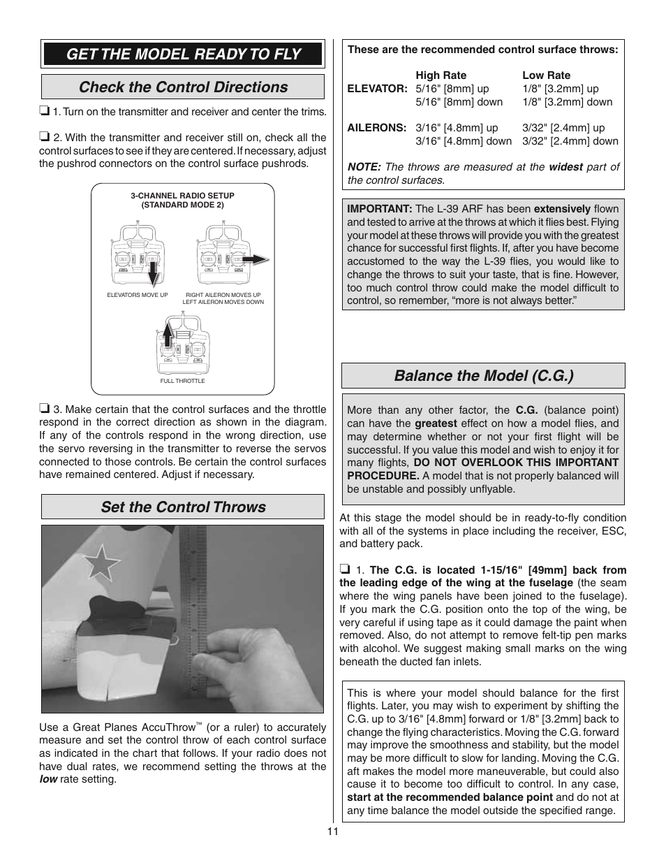 Set the control throws, Balance the model (c.g.) | Great Planes L-39 EP Ducted Fan ARF - GPMA1869 User Manual | Page 11 / 16