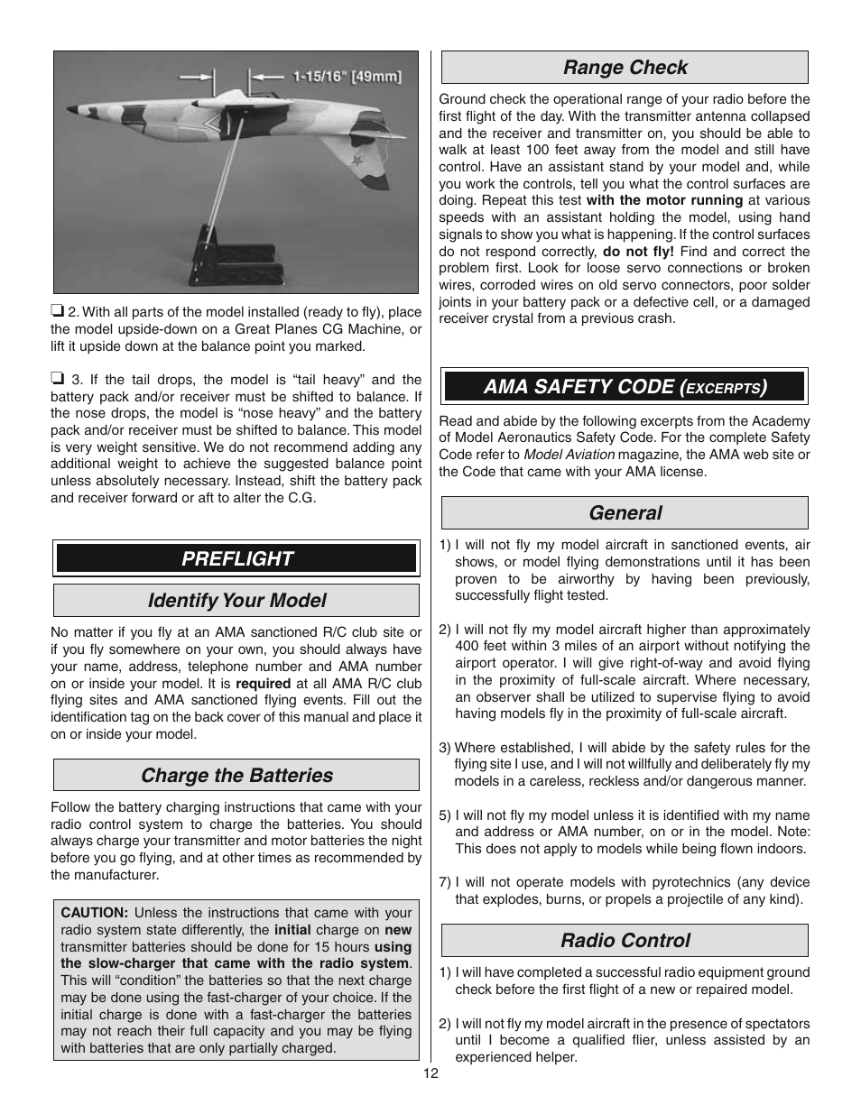 Preflight identify your model, Charge the batteries, Range check | Ama safety code, General, Radio control | Great Planes L-39 EP Ducted Fan ARF - GPMA1869 User Manual | Page 12 / 16