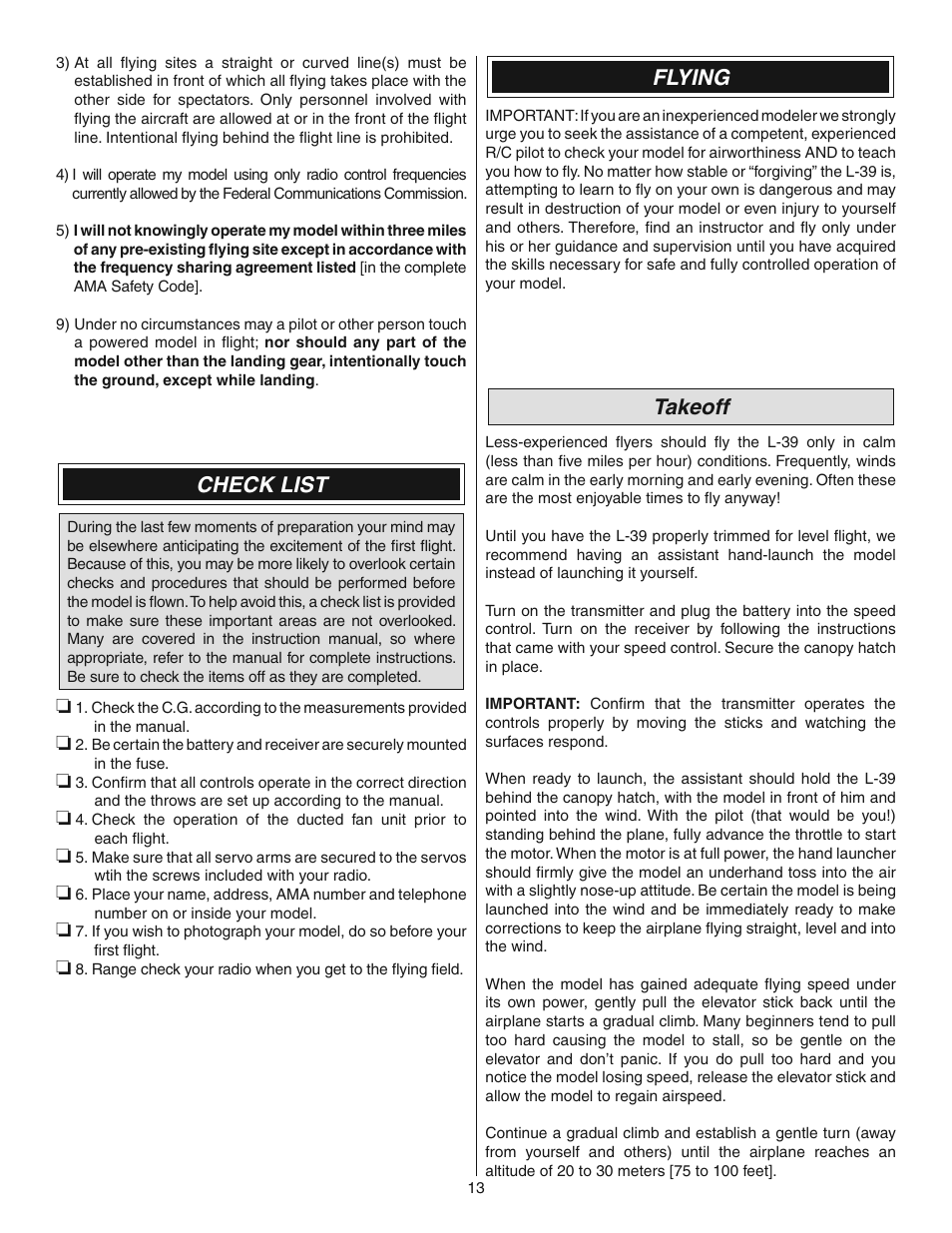 Check list, Flying, Takeoff | Great Planes L-39 EP Ducted Fan ARF - GPMA1869 User Manual | Page 13 / 16