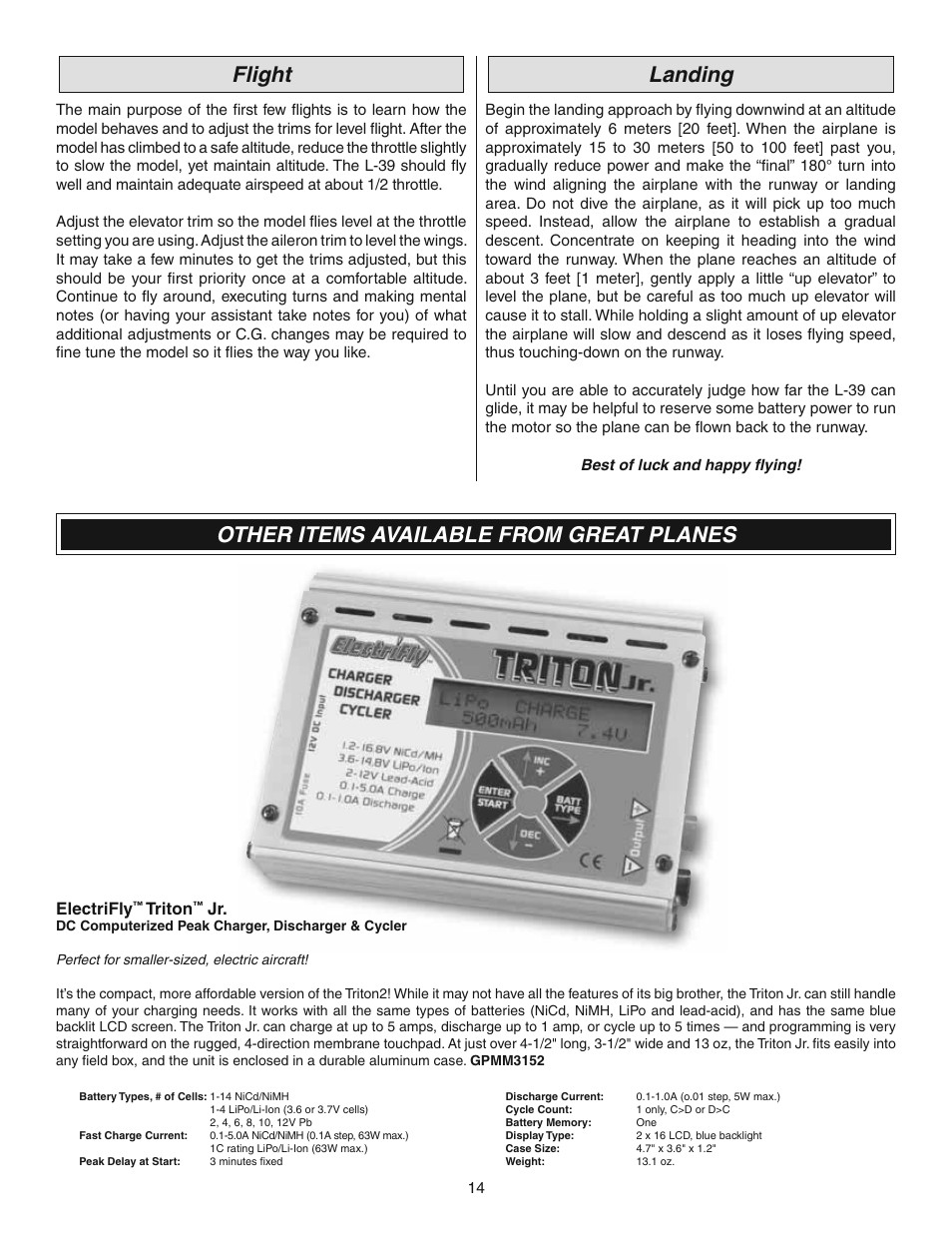 Flight, Landing, Other items available from great planes | Electrifly, Triton | Great Planes L-39 EP Ducted Fan ARF - GPMA1869 User Manual | Page 14 / 16