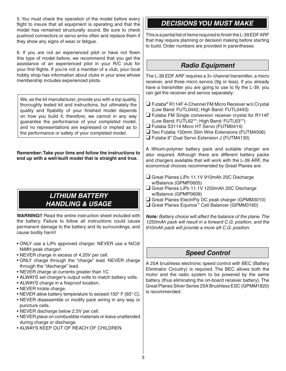 Lithium battery handling & usage, Decisions you must make, Radio equipment | Speed control | Great Planes L-39 EP Ducted Fan ARF - GPMA1869 User Manual | Page 3 / 16