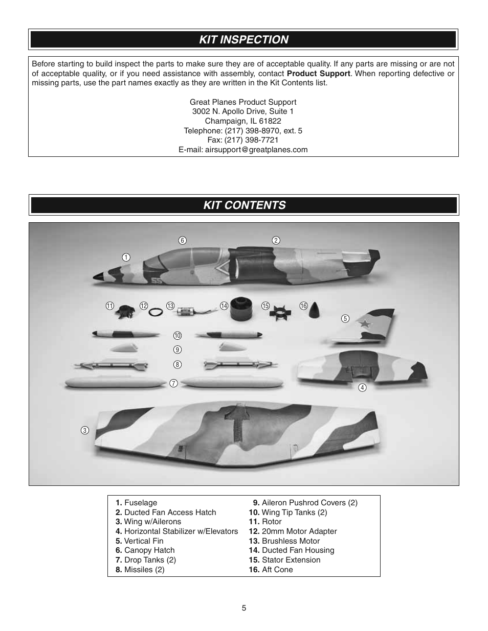 Kit inspection, Kit contents | Great Planes L-39 EP Ducted Fan ARF - GPMA1869 User Manual | Page 5 / 16