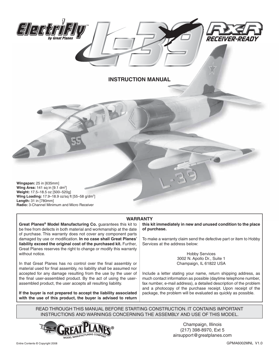 Great Planes L-39 EP Ducted Fan RxR - GPMA6002 User Manual | 12 pages