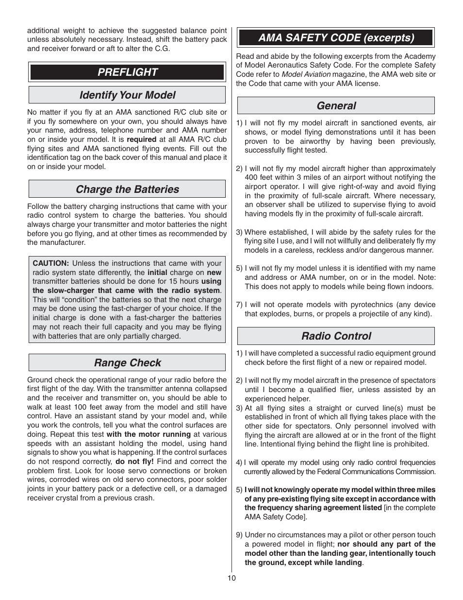 Preflight identify your model, Charge the batteries, Range check | Ama safety code (excerpts), General, Radio control | Great Planes L-39 EP Ducted Fan RxR - GPMA6002 User Manual | Page 10 / 12