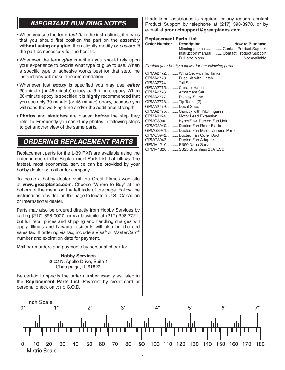 Ordering replacement parts | Great Planes L-39 EP Ducted Fan RxR - GPMA6002 User Manual | Page 4 / 12