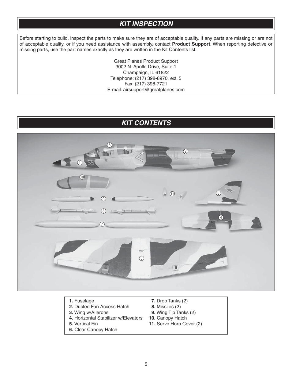 Kit inspection, Kit contents | Great Planes L-39 EP Ducted Fan RxR - GPMA6002 User Manual | Page 5 / 12