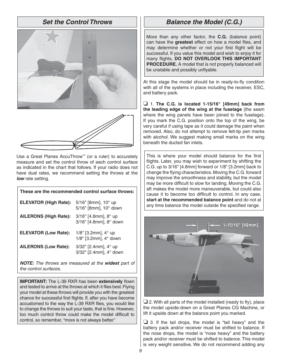 Set the control throws, Balance the model (c.g.) | Great Planes L-39 EP Ducted Fan RxR - GPMA6002 User Manual | Page 9 / 12