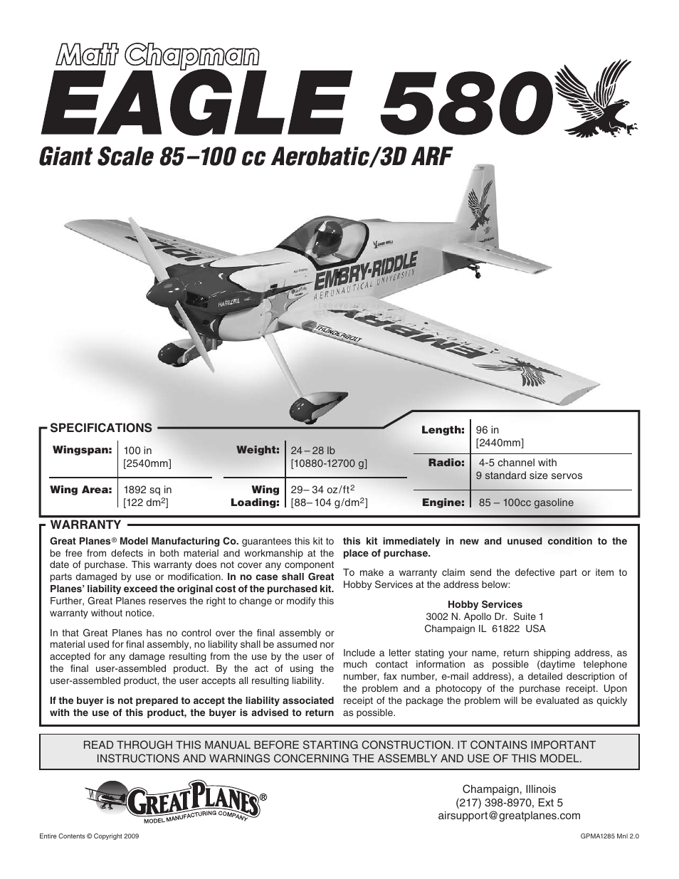 Great Planes Matt Chapman Eagle 580 ARF 1/3 Scale - GPMA1286 User Manual | 32 pages